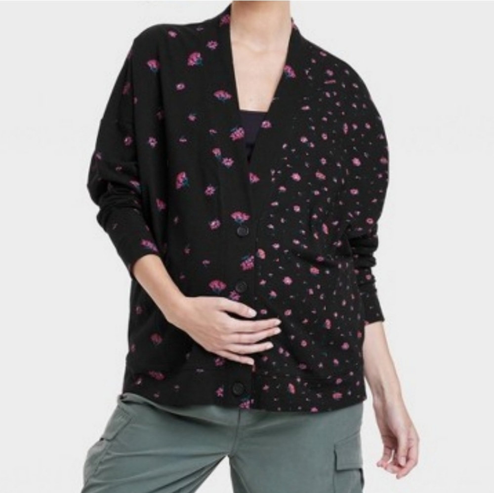 The Nines by Hatch Drop Shoulder Black Purple Floral Maternity Button Up…